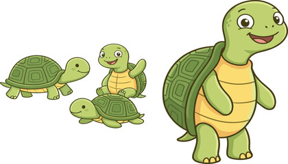 Naklejka premium Cute Cartoon Turtle Character Set With Happy Smiling Tortoise In Multiple Poses For Kids Design