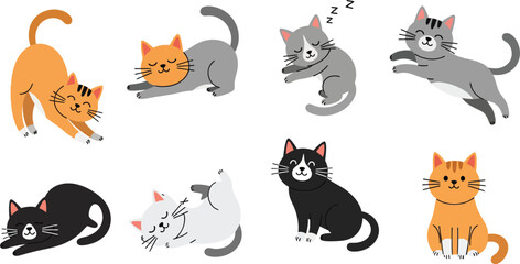 Obraz premium Seven cartoon cats in various poses and colors on white background