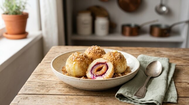 Traditional plum dumplings Zwetschgenkn&ouml;del with breadcrumbs. Sweet Austrian and German dessert on a rustic wooden table. One dumpling cut open to show fruit filling
