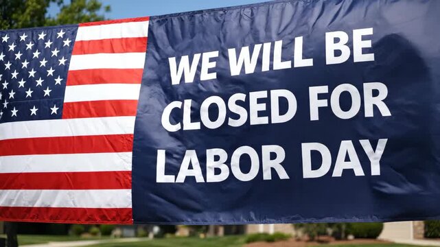 American flag banner announces closure for Labor Day outdoors