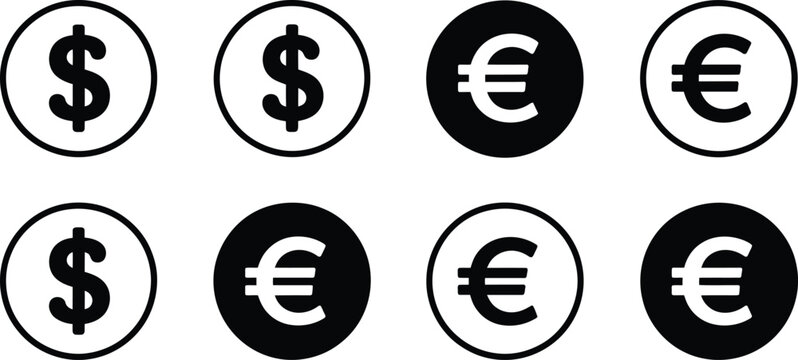 Currency icon set, dollar and euro financial symbols with clean minimalist money graphics for banking apps financial presentations and fintech design.