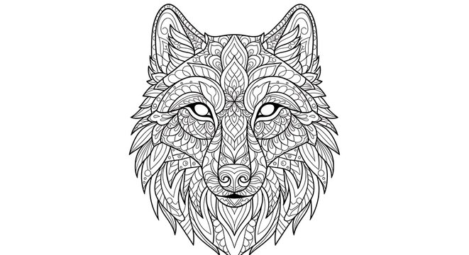 Intricate wolf head illustration in detailed ornamental style on white background
