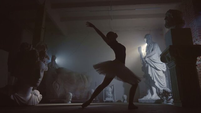 Young woman in tutu dancing alone in museum hall in night, slow motion shot. Graceful ballerina performing graceful movement in darkness, dancing in dark, beauty of female body, fascinating silhouette