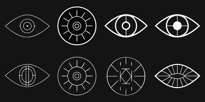Collection of abstract white eye shapes and symbols on a black background linear design