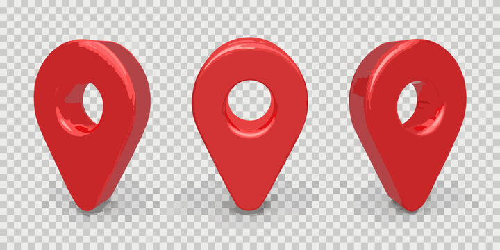 Three red 3d map markers isolated on transparent background location pin icons high quality professional