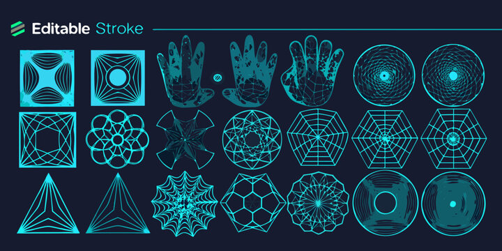 Collection of teal 3d wireframe geometric shapes and hands on a dark background high quality