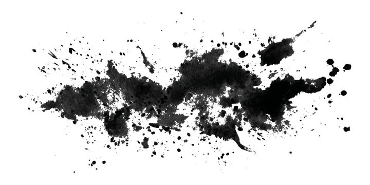 Abstract black grunge ink paint splatter splash brushstroke texture background.