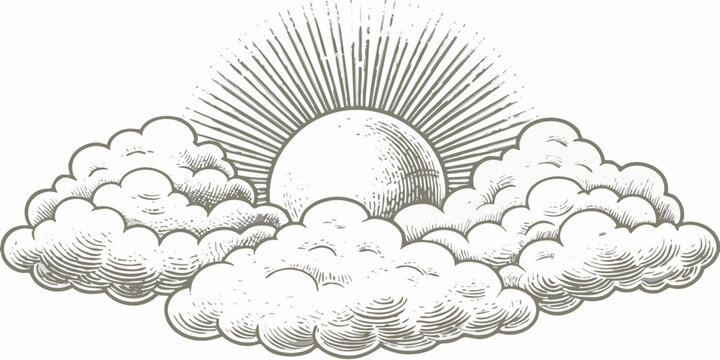 Hand drawn sun bursting through clouds vintage style engraving on white background high quality professional