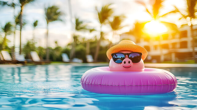 A kopeck in sunglasses and a hat floating on an inflatable ring in a sunlit pool &ndash; symbolizes savings and relaxation, summer fun