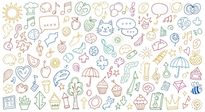 Diverse collection of hand drawn doodle icons including fruits musical notes stars speech bubbles hearts and nature elements isolated on white background.