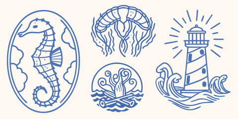 Line art illustrations of a seahorse shrimp jellyfish and lighthouse with ocean waves high quality © Apurba