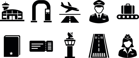 Airport travel icons set with airplane pilot flight attendant and luggage on white background © SAYEDAJANNATUL
