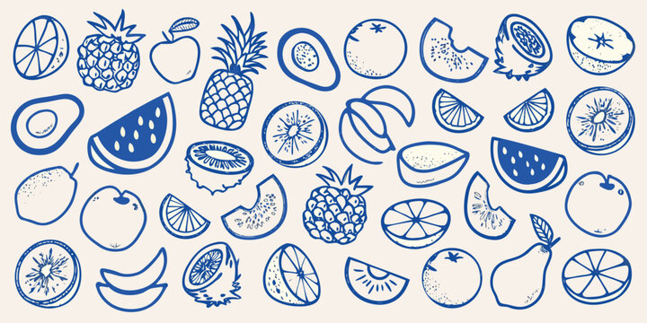 Collection of hand drawn blue line art fruits including pineapple avocado watermelon and kiwi