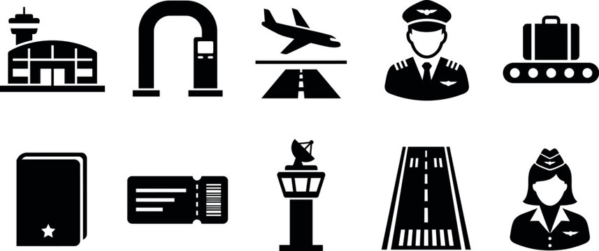 Airport travel icons set with airplane pilot flight attendant and luggage on white background