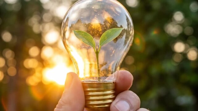 Green energy eco friendly sustainability light bulb seedling hand sunset renewable power clean. Sustainable green energy business responsibility, innovation, future environmental ethics