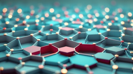 Fototapeta premium Hexagonal grid structure. Blue, teal, pink hues dominate. Network connections visible, depth of field effect present. Futuristic design.