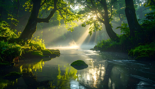 Enchanting Forest Stream Bathed in Golden Sunlight Rays.