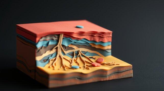 Clay model depicts soil layers, roots, rocks. Colorful cross section shows subsurface structure, geology, earth science concepts.