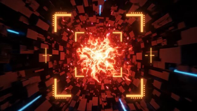 Futuristic neon tunnel abstract explosion cube sci fi energy. Quantum computing network security, physics next generation cyberspace, processor computer, algorithm, infrastructure, datum, AI