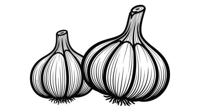 Artistic line drawing of two whole garlic bulbs with small roots, showing the characteristic segments and thin papery skin.
