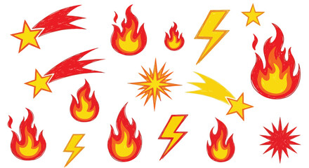 Assorted doodle icons of flames fire lightning bolts and shooting stars in bright yellow and red colors on white background for energetic design projects. © Snek
