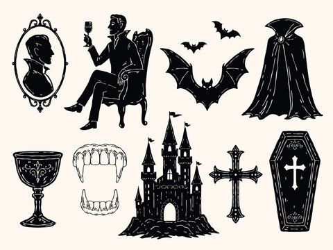 Vintage Halloween vampire vector set featuring vampire portrait, goblet, cape, fangs, bats, gothic castle, coffin and cross. Hand drawn monochrome silhouette collection for seasonal design
