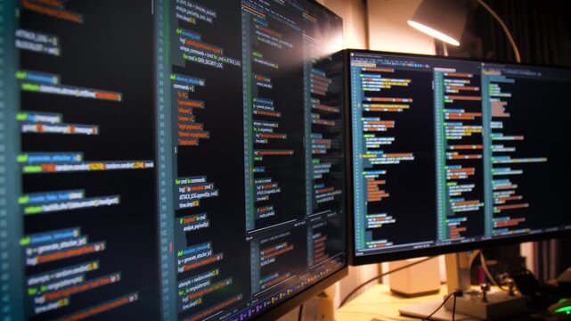 Close up computer monitors displaying fictional programming code and software development interface, technology workspace concept
