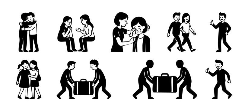 People Helping Each Other Set, Social Interaction Icons Featuring Emotional Support, Friendship, Kindness, Empathy, Cooperation, Teamwork, Giving Advice, Comforting, Carrying Luggage, and Positive Ges