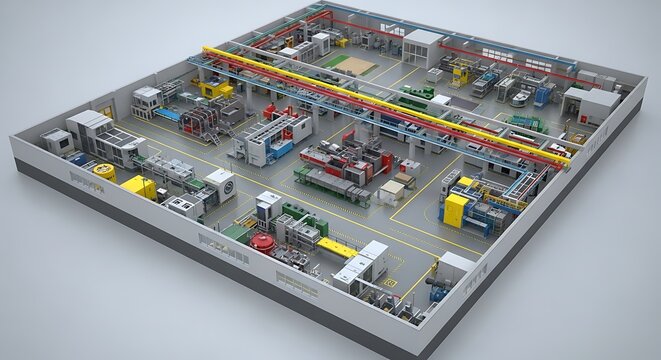 Isometric view of a manufacturing plant featuring machinery and automation