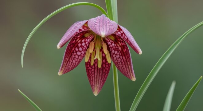 Purple Snake's Head Fritillary Flower blooming in a spring garden with soft green background, showcasing rare botanical beauty and biodiversity.