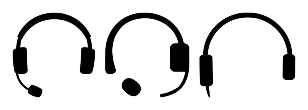 Customer support headset set with solid black icon on white background featuring 24/7 service, minimalist silhouette, telecommunications with headset and help