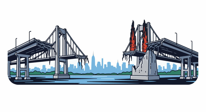 Ruined suspension bridge with burning section, city skyline background