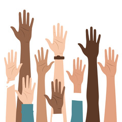 Obraz premium Diverse hands raised up, volunteering, voting, asking questions, participation, community, unity