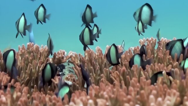 Discover Bali's enchanting underwater world. Small fish swarm a vibrant coral reef, enjoying the warm, clear ocean waters under the bright sun. A breathtaking marine spectacle unfolds.