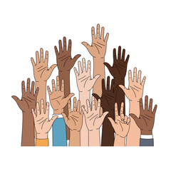Fototapeta premium Diverse Hands Raised Upwards - Unity, Diversity, Voting, Participation