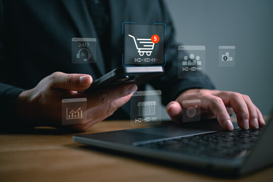 Business professional using smartphone with online shopping interface, ecommerce transaction, digital payment, mobile retail, customer purchase journey and modern online business technology concept