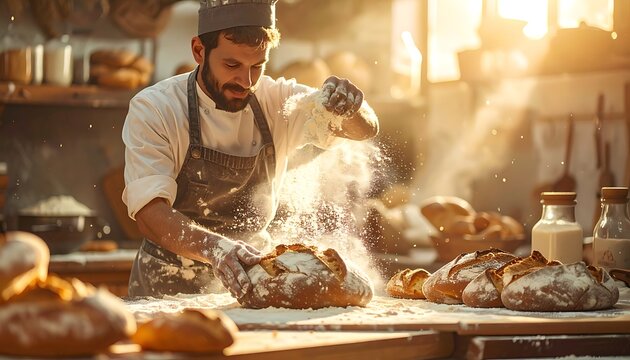 Baker sprinkling flour on bread rolls.