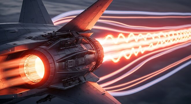 Jet aircraft engine exhaust emitting energy in flight against a dark background