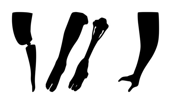 Prosthetic leg silhouette set with single solid black icon on white background featuring medical, health, technology with design and illustration