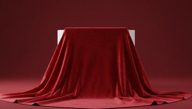 A luxurious red silk cloth is pulled back to reveal a blank white screen, perfect for presentations or announcements. Blank white board with copy space.Product/Event Unveiling & Presentation
