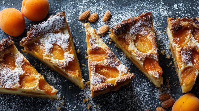 Apricot clafoutis cropped into multiple fragments placed across frame edges, suggesting continuation