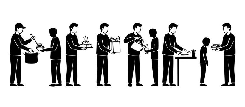 Food donation charity icons set, people providing meals and aid to hungry individuals in a community outreach program, volunteer work and social support flat black vector silhouettes isolated on white