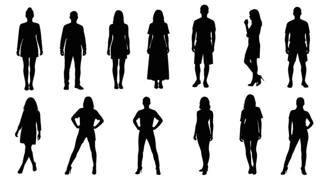 Diverse Human Silhouettes Collection: Men, Women, Poses, White Background