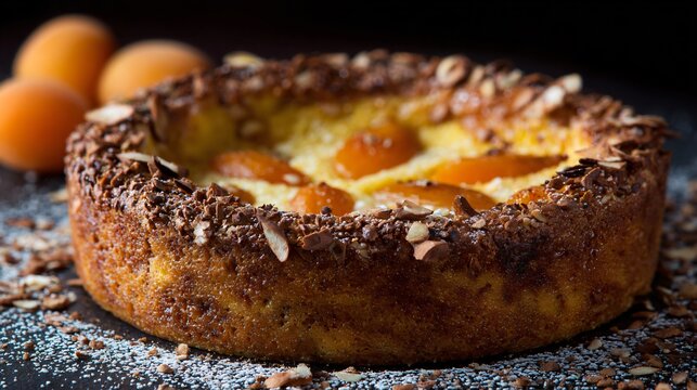 Apricot clafoutis placed in center while a ring of crushed apricot pits forms a rough textured halo around it on a dark background