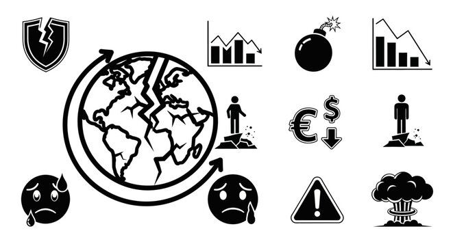 Black icons of global business risks.
