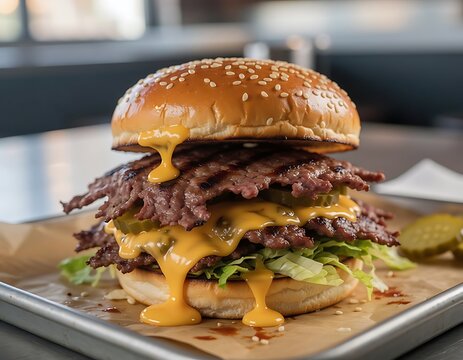 Delicious double smash burger with melted cheddar cheese on a sesame seed bun.