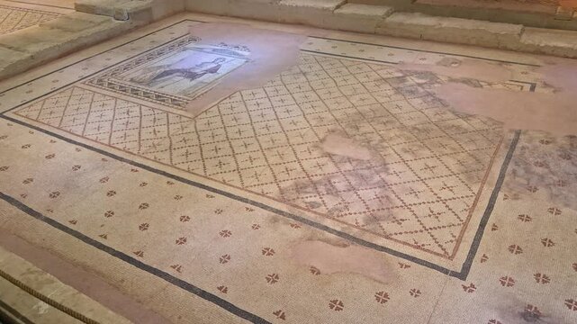 Stunning 4K cinematic close-up of the Tyche of Zeugma mosaic. A Roman masterpiece depicting the city's personification with a mural crown and scepter in Gaziantep Museum.