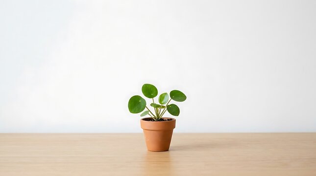 Small pilea peperomioides plant in a terracotta pot sitting on a wooden table surface