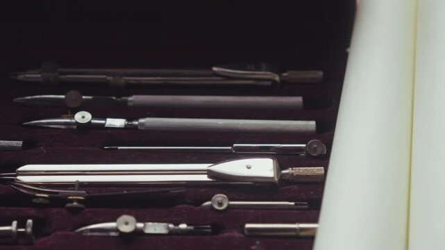 Close-up pan revealing a geometry set, highlighting precision tools used in drafting, engineering, and structured creative work