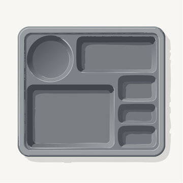 Gray plastic compartmentalized dinner plate with separate sections for food and drink on white background, minimalistic design